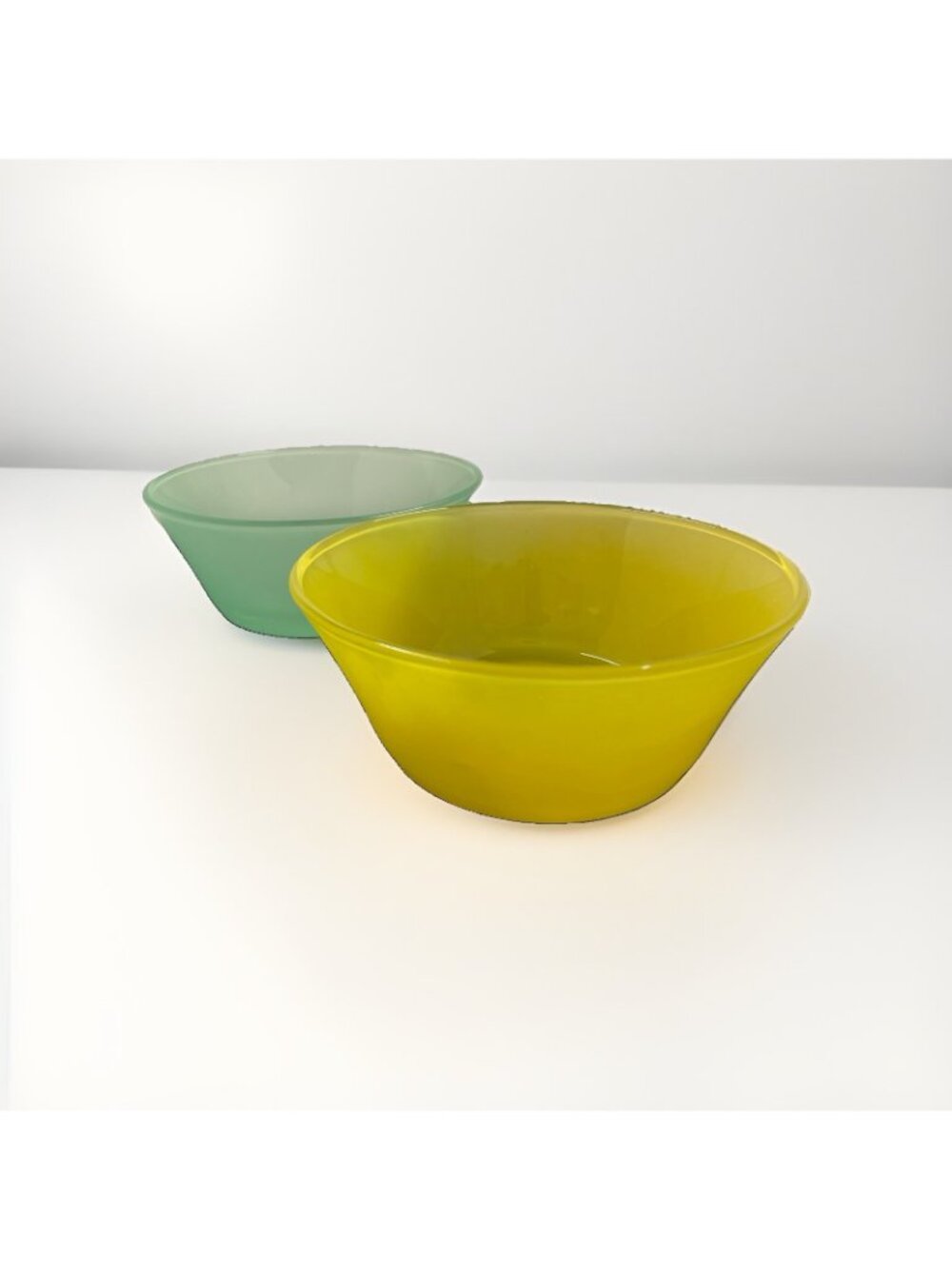 Vintage Firna Indonesia Frosted Satin Glass Bowls Yellow Green Set of 2, 7”
